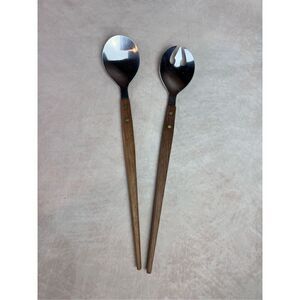 Vintage 1970s Stainless Steel Salad Fork Spoon Wood Handle Mid Century Modern Ja